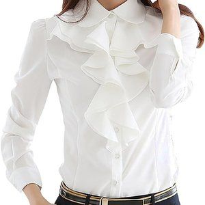 Women's Shirts Lotus Ruffle Vintage Long Sleeve (M, Bs15-White)